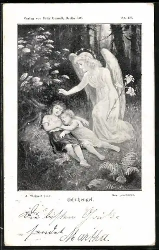 Lithographie Schutzengel und schlafende Kinder