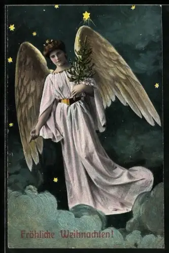 AK Weihnachtsengel mit Tannenbaum im Arm schwebt über den Wolken, Fröhliche Weihnachten