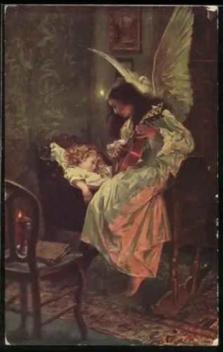 Künstler-AK Engel mit Gitarre, Schlummerlied