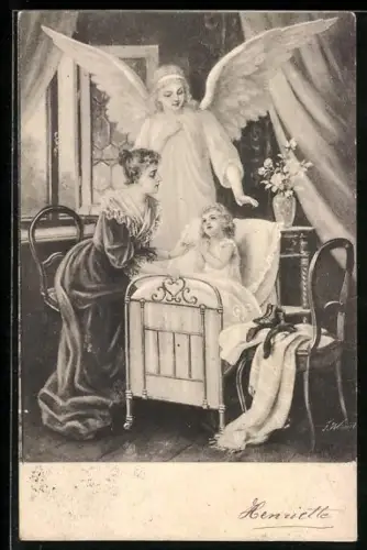 AK Kleines Mädchen beim Abendgebet wird von seinem Schutzengel behütet