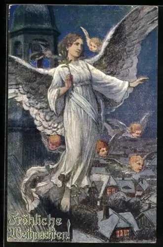 Künstler-AK Weihnachtsengel umringt von Engelsgesichtern an der Kirche