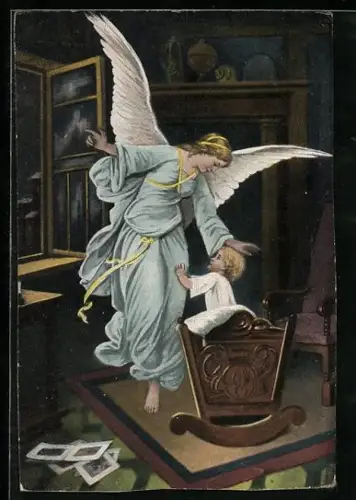 AK Schutzengel wacht über das Kind in der Wiege