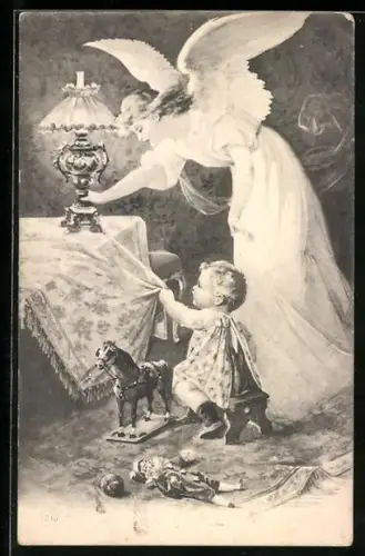 AK Kleinkind zieht die Tischdecke vom Tisch, Schutzengel greift nach der Tischlampe