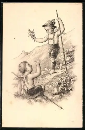 AK Kleine Engel pflücken Blumen im Gebirge