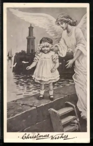 AK Kleines Mädchen balanciert auf der Hafenmauer und wird von seinem Schutzengel behütet