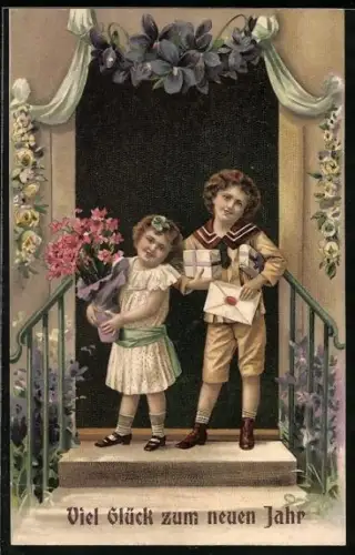 AK Glückwunsch zum Namenstage, kleine Gratulanten mit Geschenken