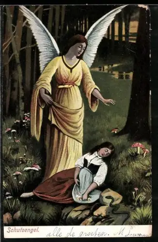 AK Schlafendes Mädchen im Wald wird von seinem Schutzengel behütet