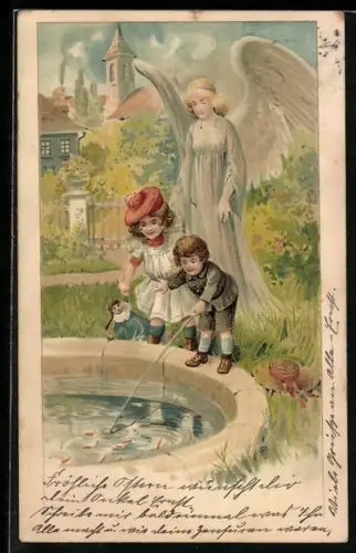 AK Schutzengel wacht über die spielenden Kinder am Teich