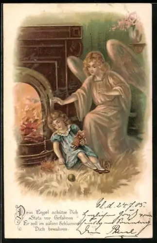 Künstler-AK Schutzengel wacht über schlafendes Kind
