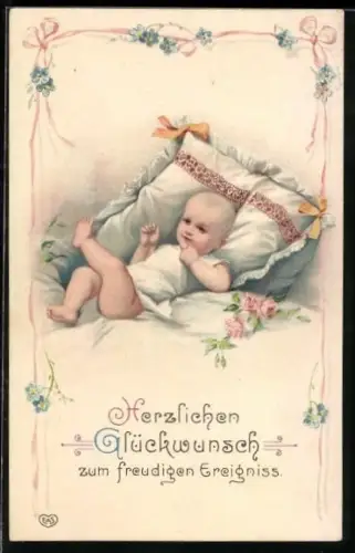 AK Glückwunschkarte zur Geburt, Baby liegt in einem Kissen