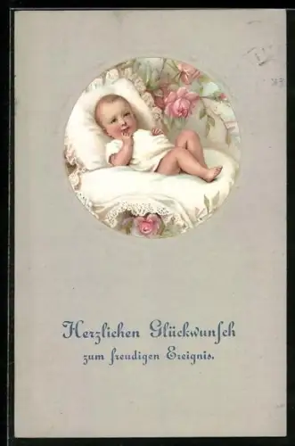 AK Kleinkind liegt auf einem weissen Kissen, Glückwunsch zum freudigen Ereignis, Geburtstag