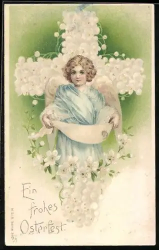 Präge-AK Osterengel mit Schriftrolle in der Hand, Ein frohes Osterfest