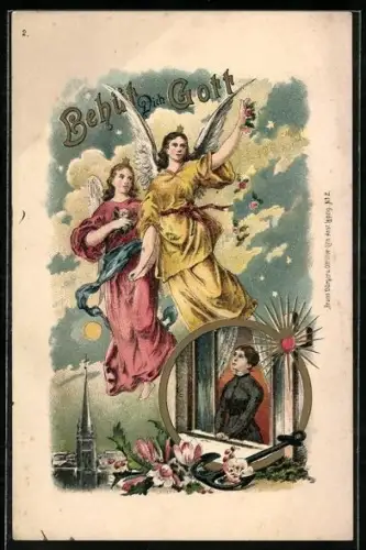AK Schutzengel wachen am Abend über die Frau am Fenster, Behüt Dich Gott