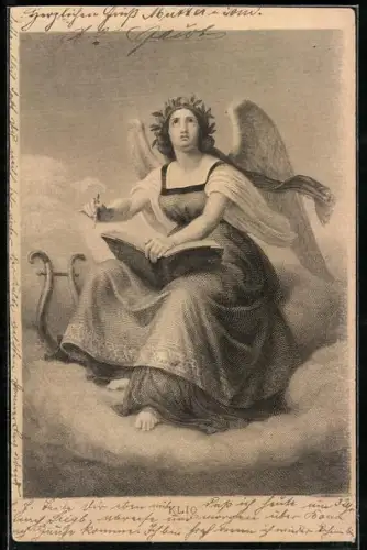 AK Engel sitzt mit Buch und Harfe in den Wolken, KLIO