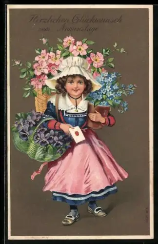 AK Kleine Gratulantin mit Blumen