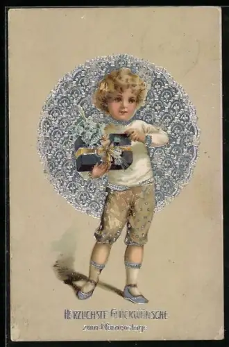 AK Junge gratuliert mit einem Geschenk zum Namenstag