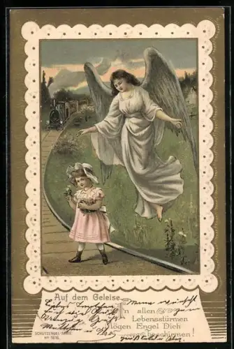 Lithographie Auf dem Geleise..., Schutzengel über einem Mädchen vor der Eisenbahn