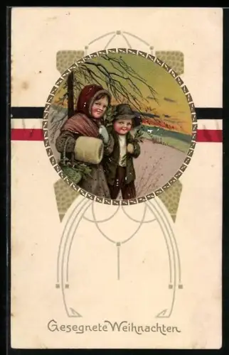 AK Kinder sind im Abendrot auf dem Heimweg, Gesegnete Weihnachten