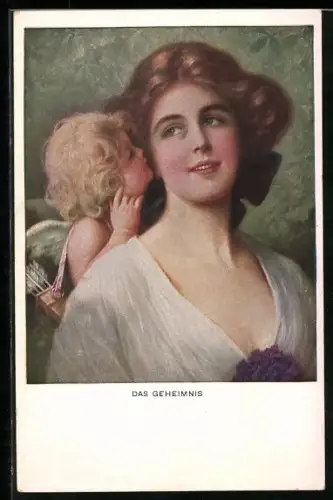 Künstler-AK Das Geheimnis, Amor flüstert einer Dame ins Ohr