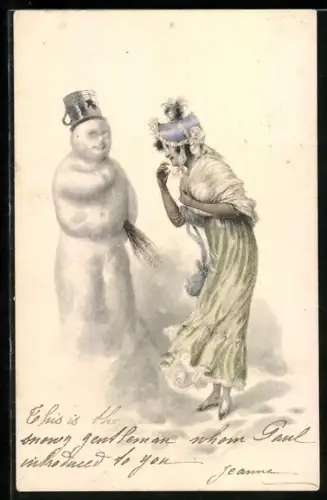 AK Junge Frau betrachtet einen Schneemann