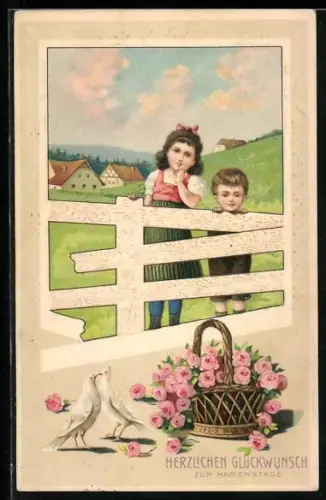 AK Kinder blicken über den Zaun auf Blumen und Tauben, Glückwunsch zum Namenstag