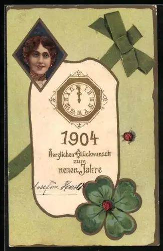 AK Uhr zeigt Mitternacht, Glückwunsch zum neuen Jahr 1904, Kleeblatt, Jahreszahl, Neujahr
