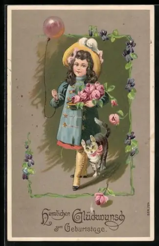AK Namenstag, Bube im Mäntelchen mit Hut, Luftballon, Rosen und Kätzchen