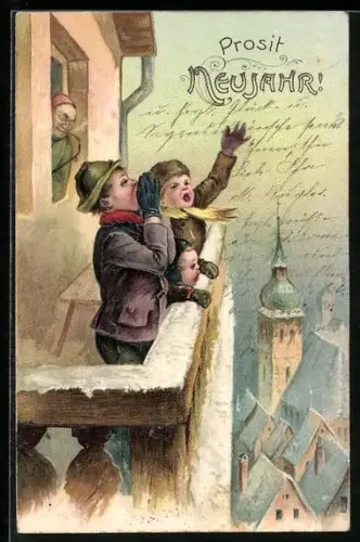 AK Kinder rufen Neujahrsgruss vom Balkon