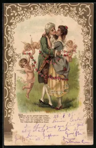 Präge-AK Engel verbinden das verliebte Paar mit einer Blumengirlande, Amor