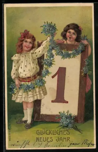 Präge-AK Kinder schmücken ein grosses Kalenderblatt mit blauen Blüten, Glückliches Neujahr