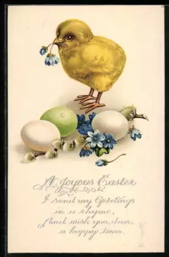 AK Osterküken mit Blüten im Schnabel, Ostereier, A Joyous Easter