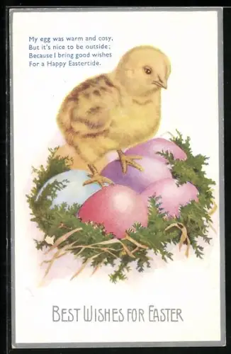 AK Osterküken steht auf bunten Ostereiern, Best Wishes for Easter
