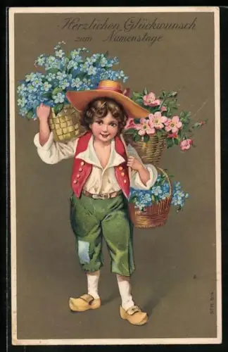 AK Junge gratuliert mit Körben voller Blumen zum Geburtstag