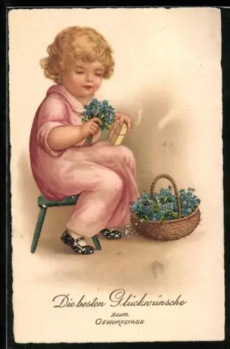 AK Mädchen mit Blumenstrauss und Geschenk, Glückwünsche zum Geburtstag