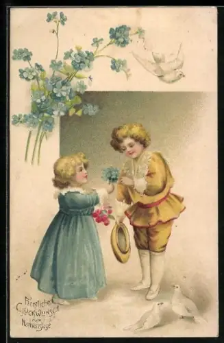 AK Herzlichen Glückwunsch zum Geburtstage, festlich gekleidete Kinder mit Blumen, Tauben