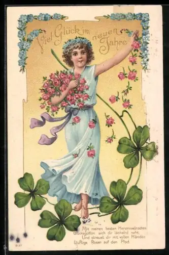 Präge-AK Junge Dame wirft Rosenblüten in die Höhe, Kleeblatt, Viel Glück im neuen Jahr