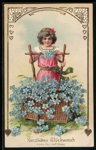 AK Glückwünsche zum Namenstag, Gratulantin mit Vergissmeinnicht