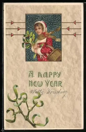Präge-AK Mädchen mit Ilexstrauch im Arm, A Happy New Year, Neujahr