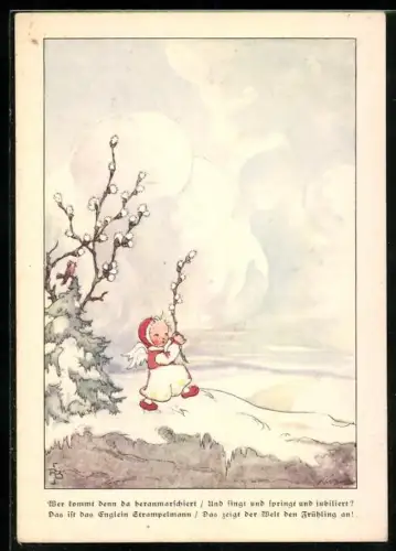 AK Kleiner Engel hält einen Weidenkätzchenzweig als Boten des Frühlings