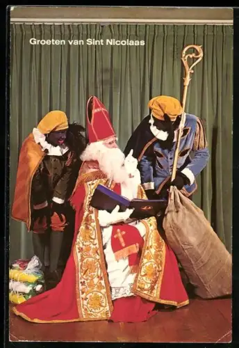 AK Sint Nicolaas mit seinen Gehilfen, den Zwarte Piet, Groeten van Sint Nicolaas