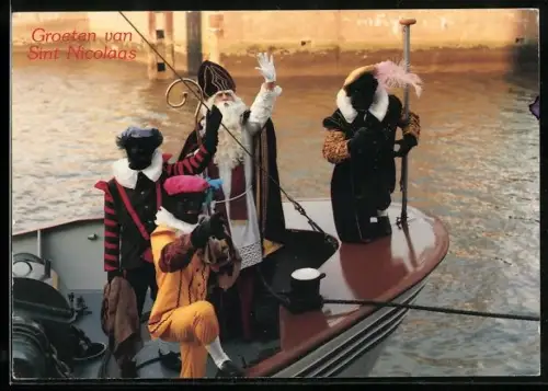 AK Sint Nicolaas grüsst mit Zwarte Piet von einem Boot