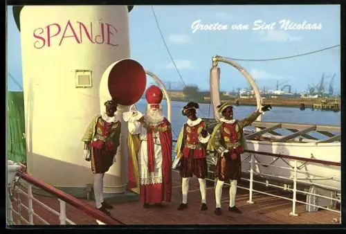 AK Sint Nicolaas grüsst mit seinen Gehilften, den Zwarte Piet, von einem Schiff