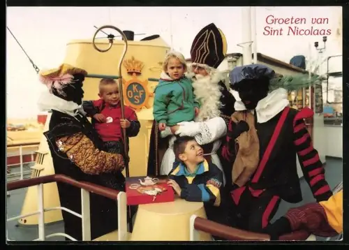 AK Sint Nicolaas und Zwarte Piet mit Kindern auf einem Ausflugsdampfer, Groeten van Sint Nicolaas
