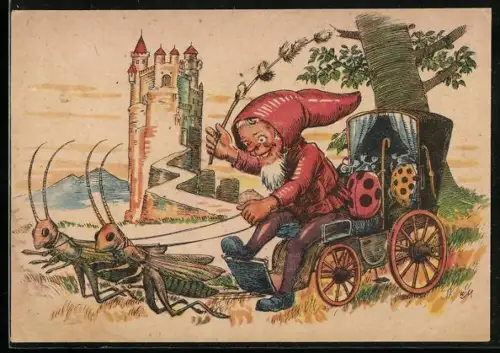AK Zwerg sitzt in einer Kutsche die von zwei Grashüpfern gezogen wird