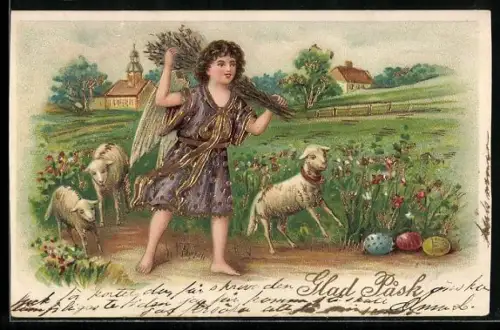 Präge-AK Osterengel in Begleitung von drei Schafen, mit Ostereiern
