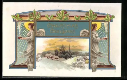 Präge-AK Zwei Weihnachtsengel Mit Weihrauch flankieren eine schneebedeckte Ortspartie, darüber Stechpalmenzweige
