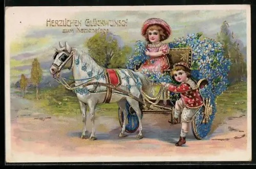 AK Kinder mit blumengeschmückter Kutsche, Geburtstagsgruss