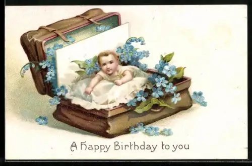 Präge-AK Kleinkind in einem Koffer mit Vergissmeinnicht, Geburtstagsgruss