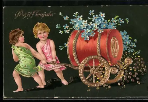 Präge-AK Zwei Kinder ziehen ein Fass mit Vergissmeinnicht, Neujahrsgruss