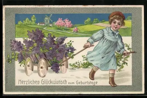 Präge-AK Kind zieht einen Karren voller lilafarbener Blumen